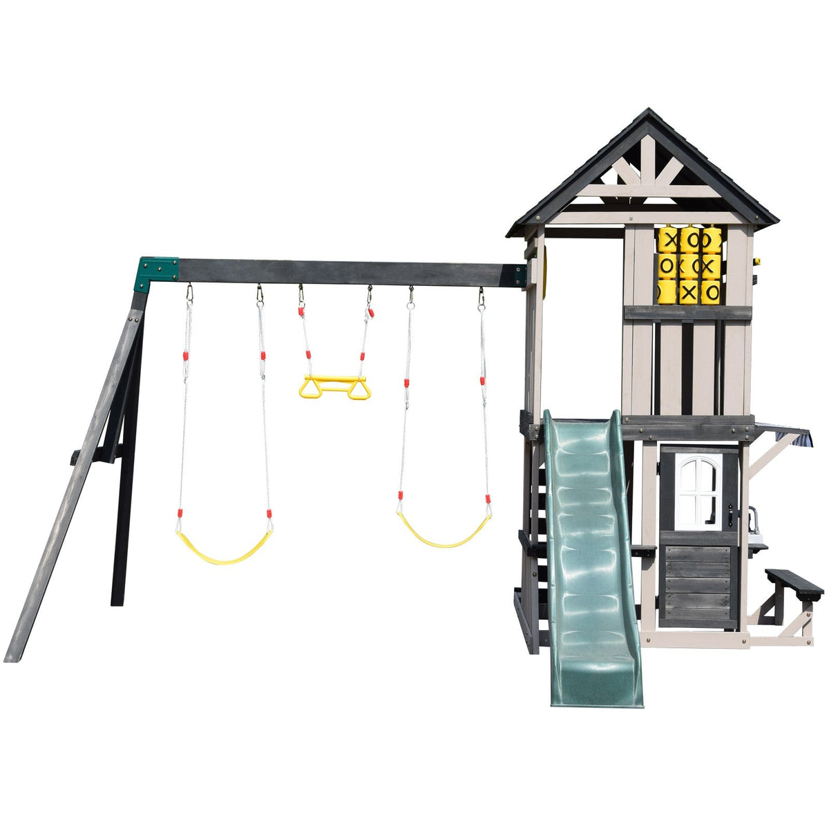 Cedar Wood Swing Set with Wave Slide, Play Kitchen, Rock Wall Ladder, Belt Swings, Toy Telescope, Steering Wheel, Tic-Tac-Toe, Balconies, Outdoor Playhouse Playground Set for Backyard Garden 735W Blower Included