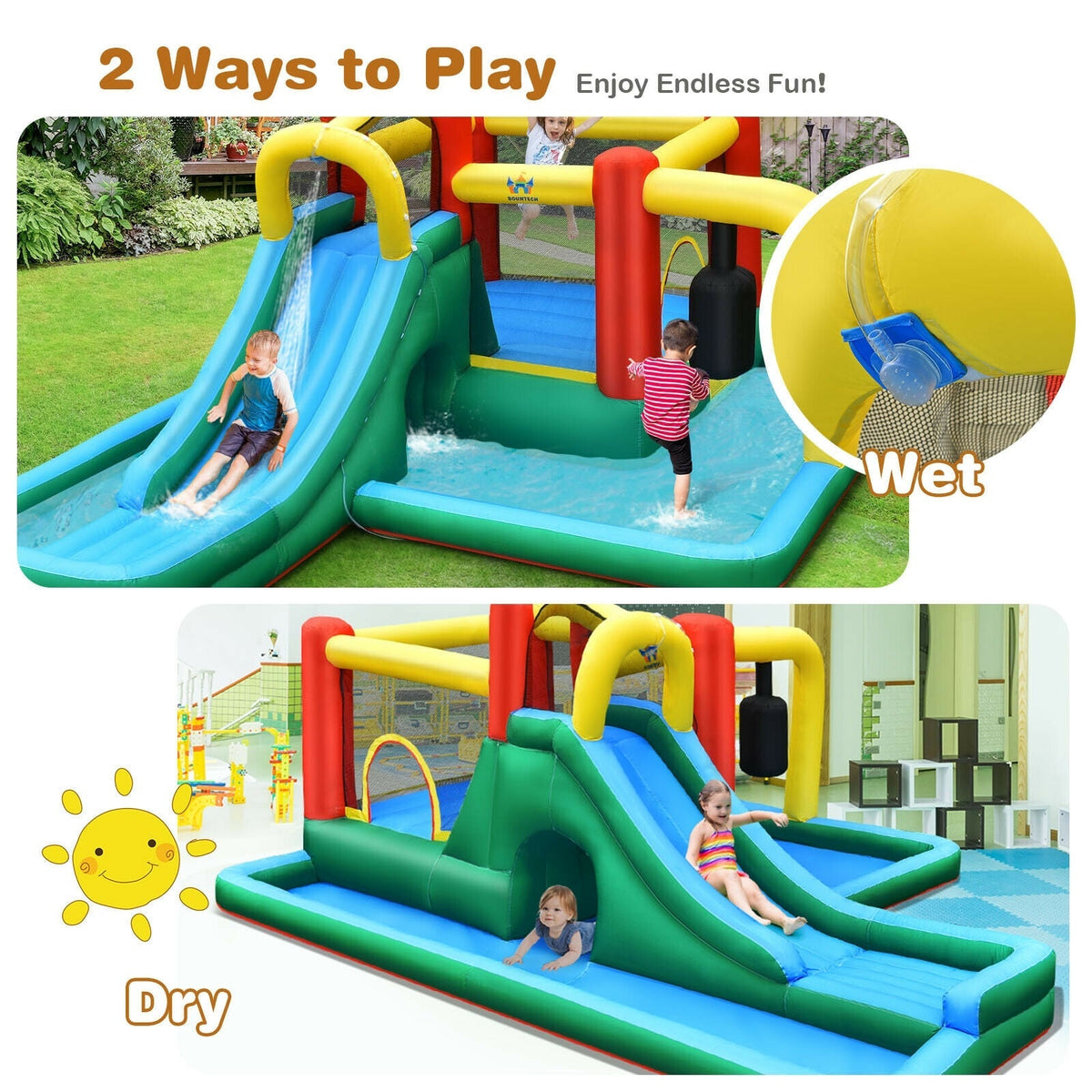 Inflatable Water Slide Climbing Bounce House with Tunnel and 735W Blower Free