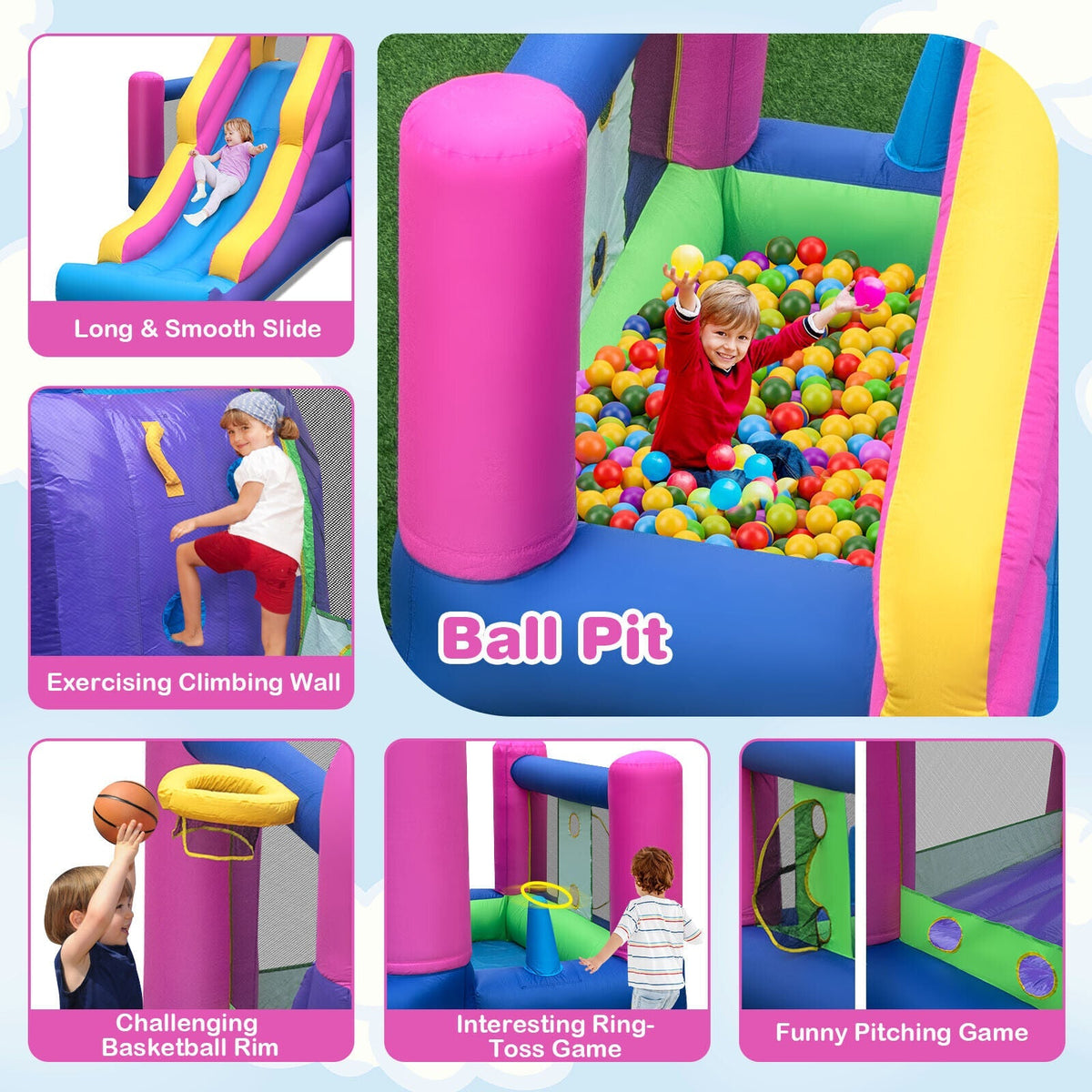 7-in-1 Kids Inflatable Bounce House with Long Slide and 735W Blower Free