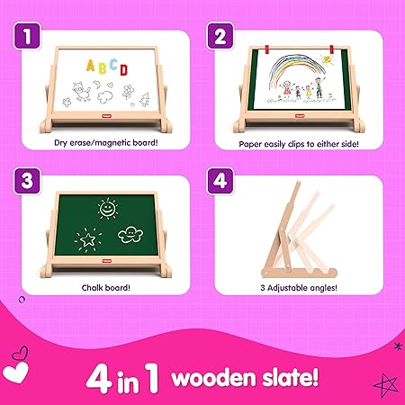 Funskool Giggles Draw N Write Desktop Slate, 4 in 1 Double Sided Board - Chalk Board & Dry Erase/Magnetic Board, Adjustable Angles, Magnetic Letters and Numbers, 3 Years