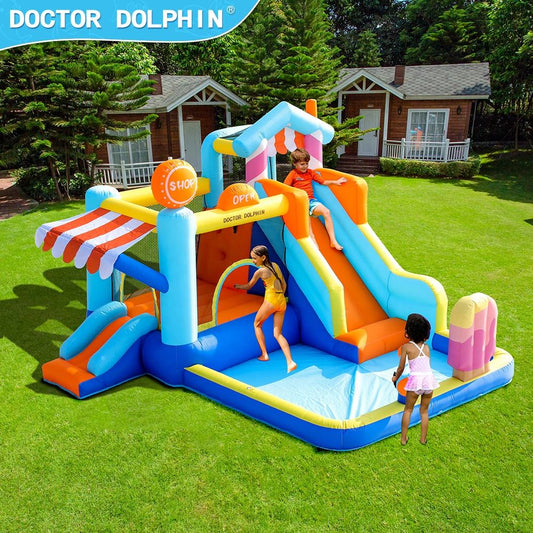 Candy House Inflatable Water Park for Kids with Slide, Pool & Water Cannon 735W Blower Included