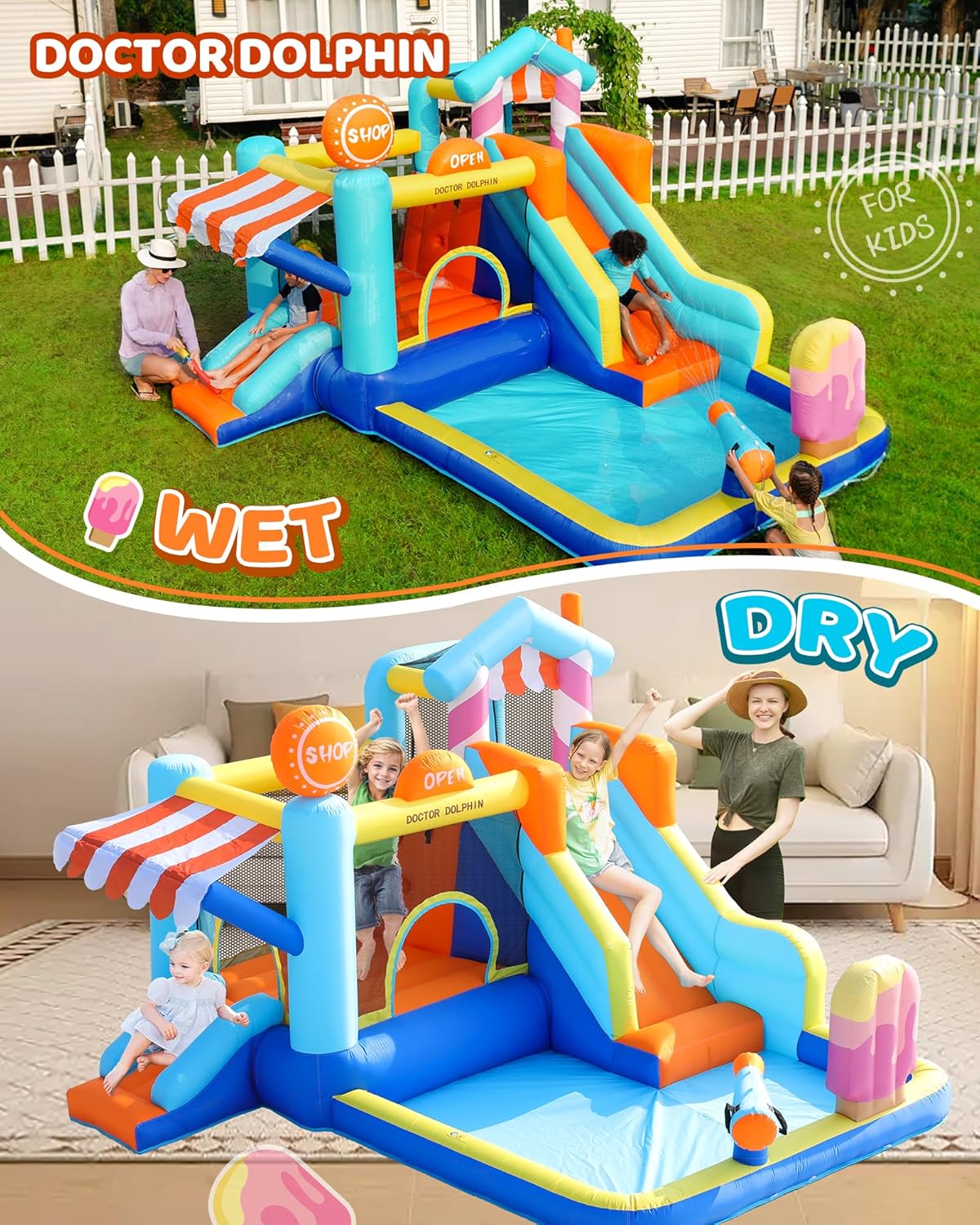 Candy House Inflatable Water Park for Kids with Slide, Pool & Water Cannon 735W Blower Included