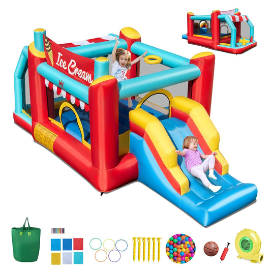 5-in-1 Ice Cream Inflatable Bounce House with Ball Pit and Slide with 480W Blower Free
