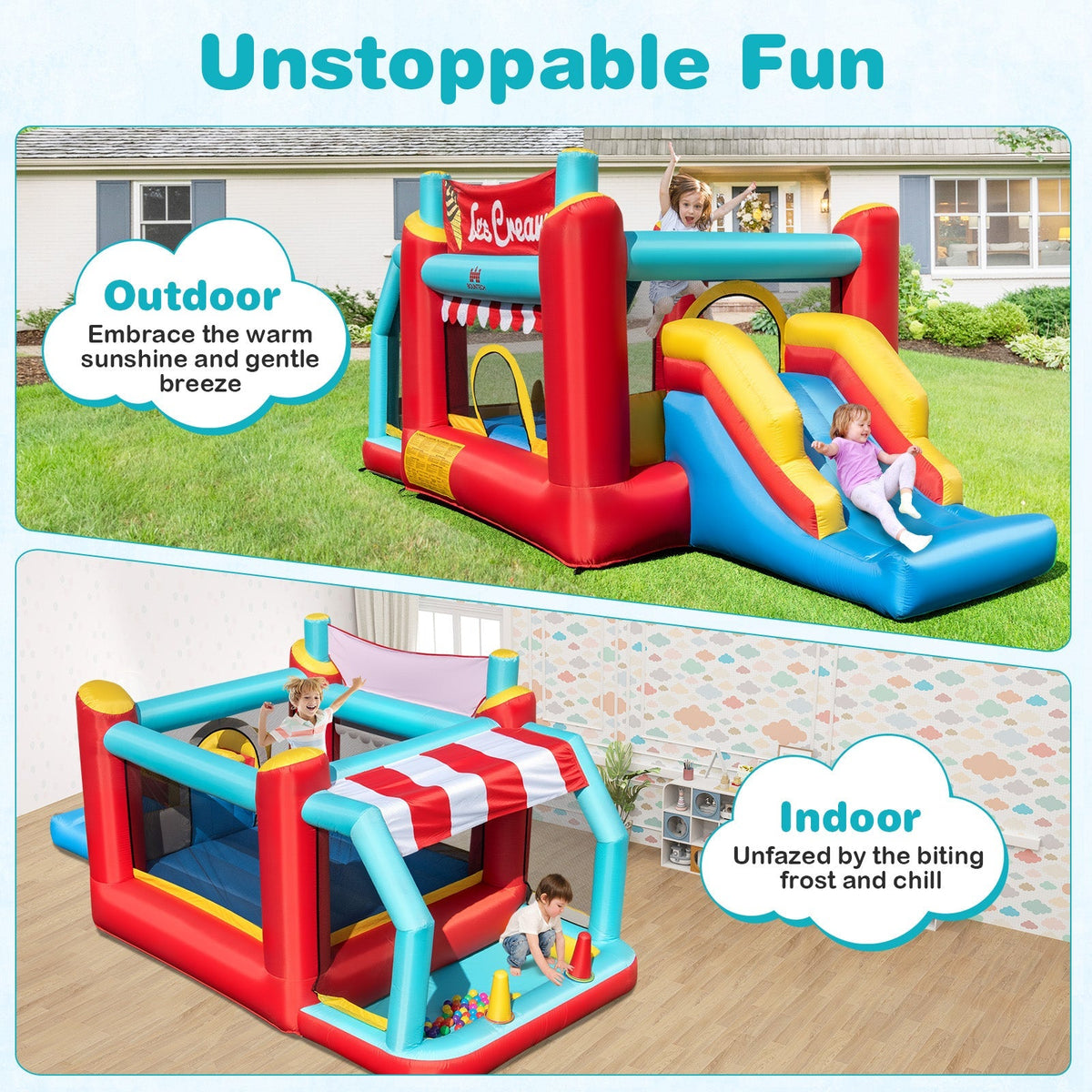 5-in-1 Ice Cream Inflatable Bounce House with Ball Pit and Slide with 480W Blower Free