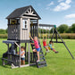 Cedar Wood Swing Set with Wave Slide, Play Kitchen, Rock Wall Ladder, Belt Swings, Toy Telescope, Steering Wheel, Tic-Tac-Toe, Balconies, Outdoor Playhouse Playground Set for Backyard Garden 735W Blower Included