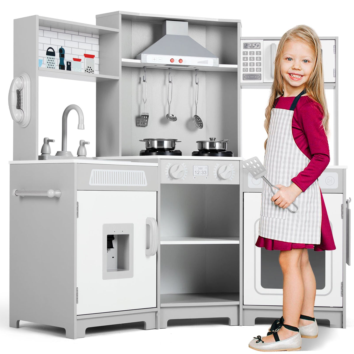 Kids Play Kitchen,Corner Wooden Pretend Toddler Kitchen Toys Playset with Realistic Lights & Sounds,Microwave Oven,Water Dispenser, Phone, Sink,Cooking Accessories, for Ages 3+, White