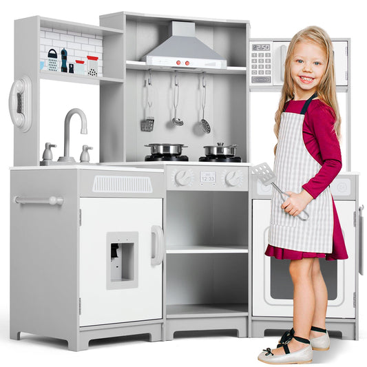 Kids Play Kitchen,Corner Wooden Pretend Toddler Kitchen Toys Playset with Realistic Lights & Sounds,Microwave Oven,Water Dispenser, Phone, Sink,Cooking Accessories, for Ages 3+, White
