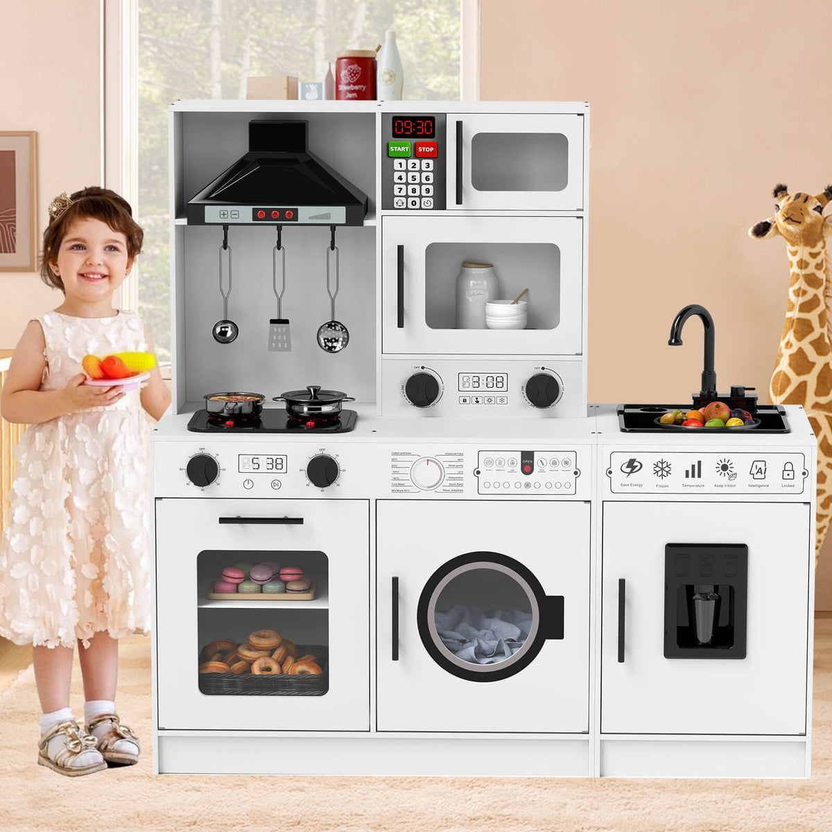 Play Kitchen, Wooden Kids Play Kitchen Playset Chef Pretend Play Set for Toddlers w/Sound and Light, Running Water, Oven, Washing Machine and Cookware Accessories for Age 3+ Toddlers
