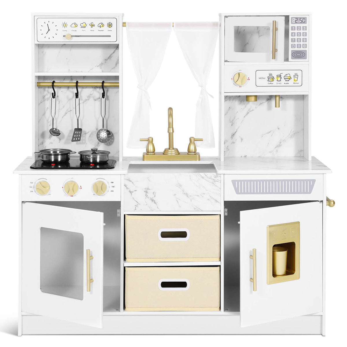 Play Kitchen, Wooden Kids Play Kitchen Playset Chef Pretend Play Set for Toddlers w/Ice Cube Dispenser, Oven, Cooking Accessories,Trendy Home Style w/Curtains, Storange Box, Gift for Ages 3+