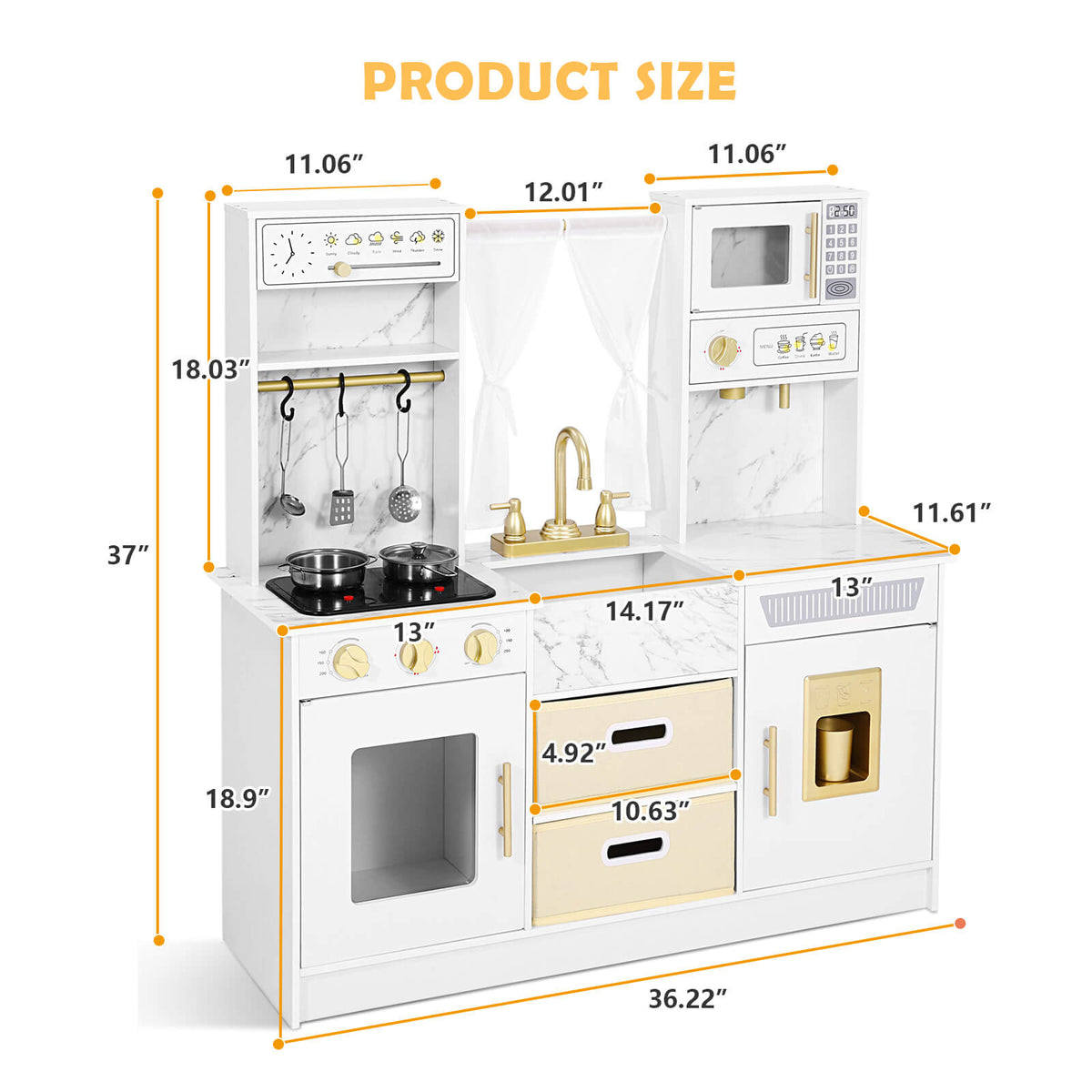 Play Kitchen, Wooden Kids Play Kitchen Playset Chef Pretend Play Set for Toddlers w/Ice Cube Dispenser, Oven, Cooking Accessories,Trendy Home Style w/Curtains, Storange Box, Gift for Ages 3+