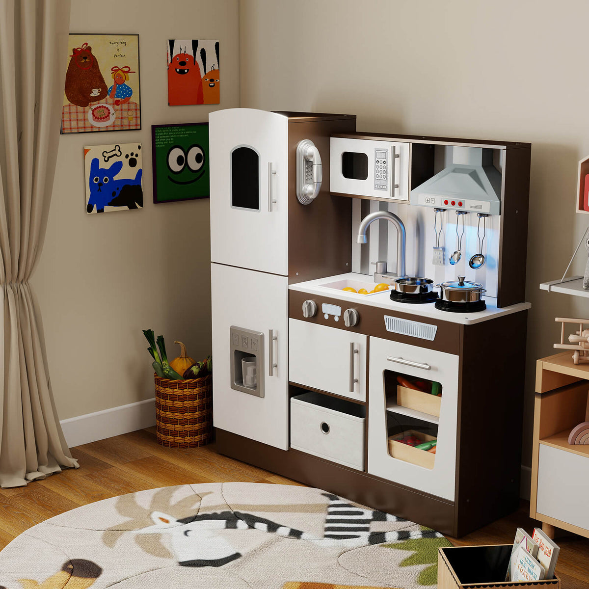 Kids Play Kitchen Set, Pretend Wooden Kid Kitchen Playset Toy Kitchen w/Sound and Light, Oven, Ice Maker, Blackboard & Toy Storage Box, Toddler Kitchen Accessories for Kids Ages 3+