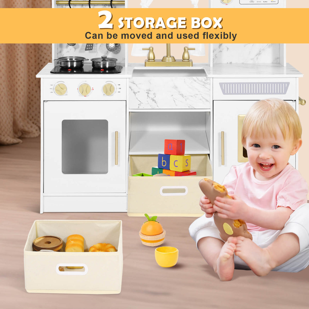 Play Kitchen, Wooden Kids Play Kitchen Playset Chef Pretend Play Set for Toddlers w/Ice Cube Dispenser, Oven, Cooking Accessories,Trendy Home Style w/Curtains, Storange Box, Gift for Ages 3+