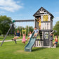 Cedar Wood Swing Set with Wave Slide, Play Kitchen, Rock Wall Ladder, Belt Swings, Toy Telescope, Steering Wheel, Tic-Tac-Toe, Balconies, Outdoor Playhouse Playground Set for Backyard Garden 735W Blower Included
