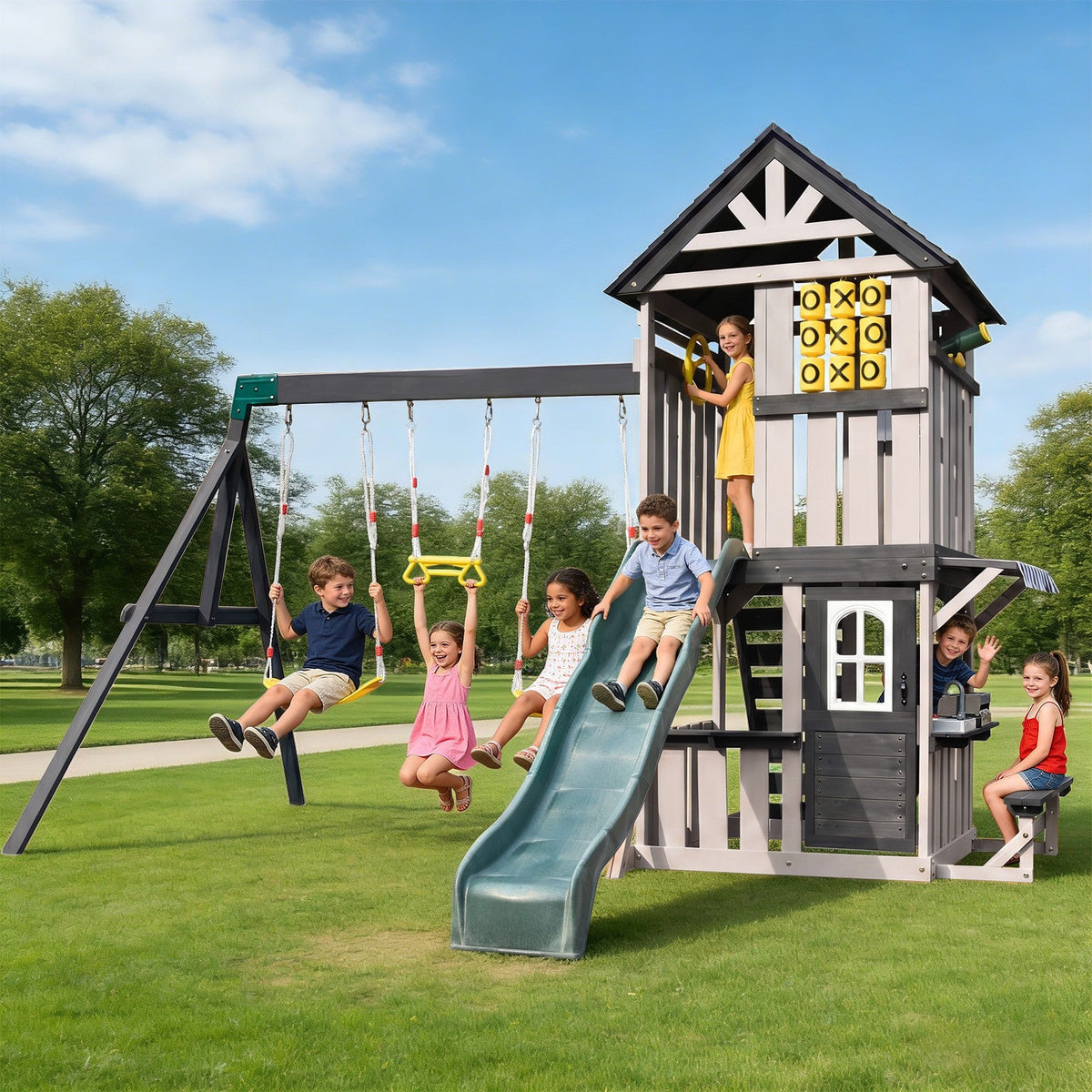 Cedar Wood Swing Set with Wave Slide, Play Kitchen, Rock Wall Ladder, Belt Swings, Toy Telescope, Steering Wheel, Tic-Tac-Toe, Balconies, Outdoor Playhouse Playground Set for Backyard Garden 735W Blower Included