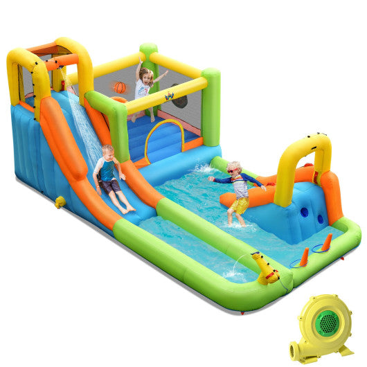 8-in-1 Inflatable Water Slide Bounce House with Splash Pool and 735W Blower Free
