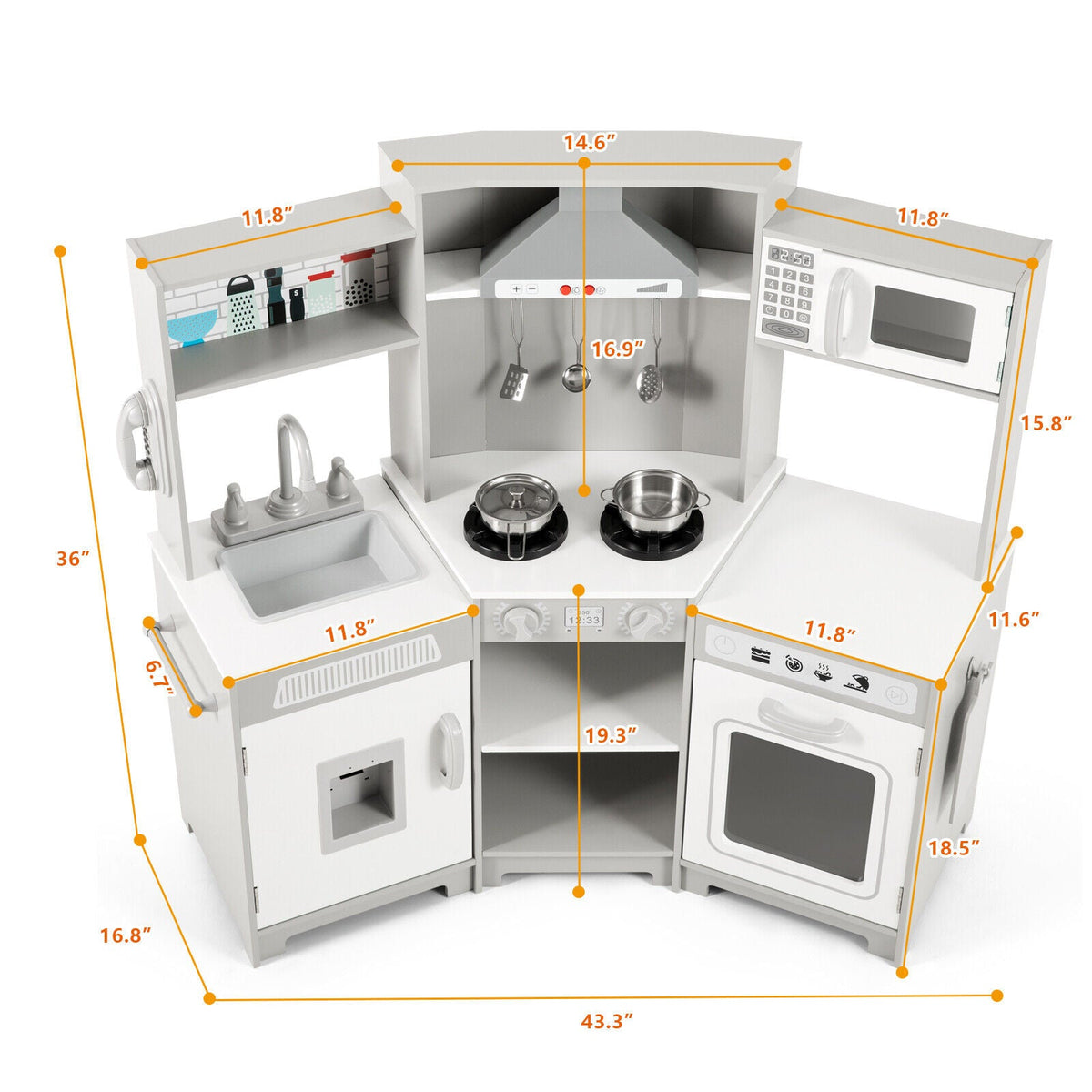 Kids Play Kitchen,Corner Wooden Pretend Toddler Kitchen Toys Playset with Realistic Lights & Sounds,Microwave Oven,Water Dispenser, Phone, Sink,Cooking Accessories, for Ages 3+, White