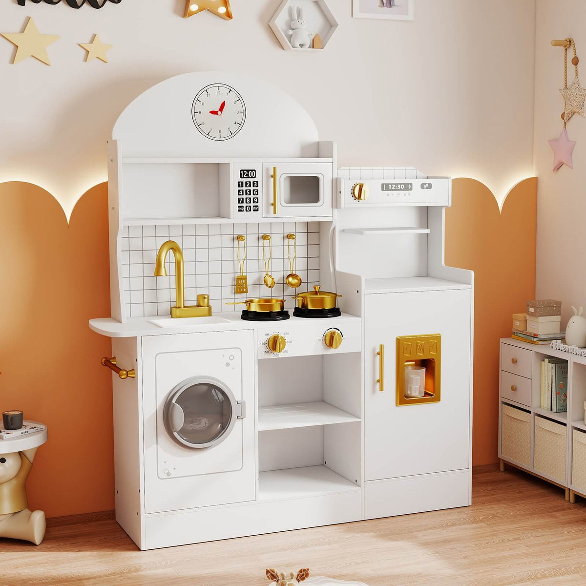 Kids Play Kitchen Set, Pretend Wooden Kid Kitchen Playset Toy Kitchen w/Sound and Light, Oven, Washing Machine, Toy Coffee Station and Toddler Kitchen Accessories for Kids Age 3+