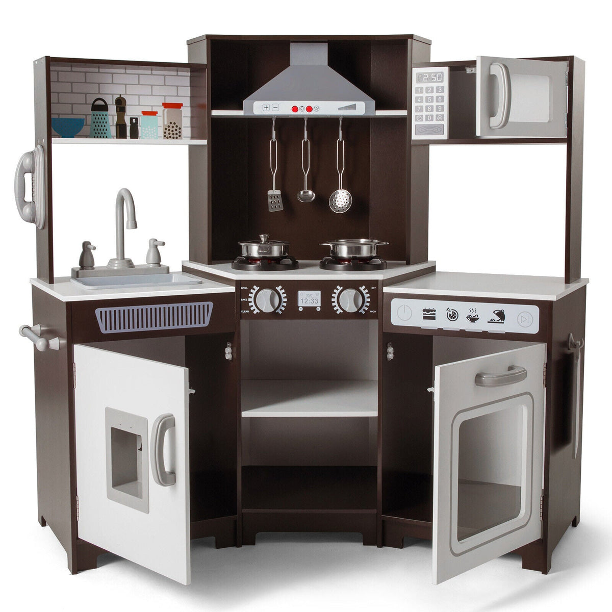 Kids Play Kitchen,Corner Wooden Pretend Toddler Kitchen Toys Playset with Realistic Lights & Sounds,Microwave Oven,Water Dispenser, Phone, Sink,Cooking Accessories, for Ages 3+, Brown