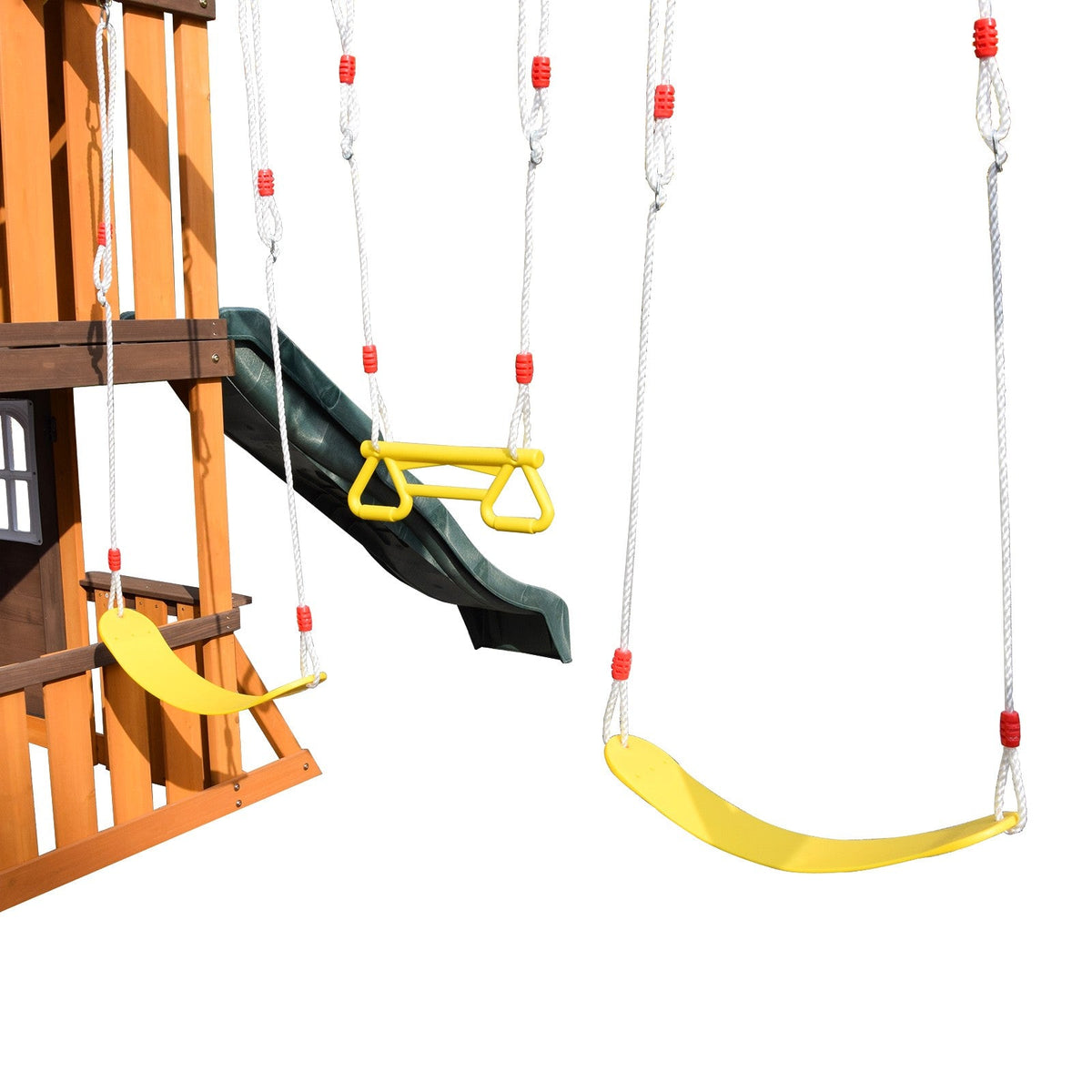 Cedar Wood Swing Set with Wave Slide, Play Kitchen, Rock Wall Ladder, Belt Swings, Toy Telescope, Steering Wheel, Tic-Tac-Toe, Balconies, Outdoor Playhouse Playground Set for Backyard Garden 735W Blower Included