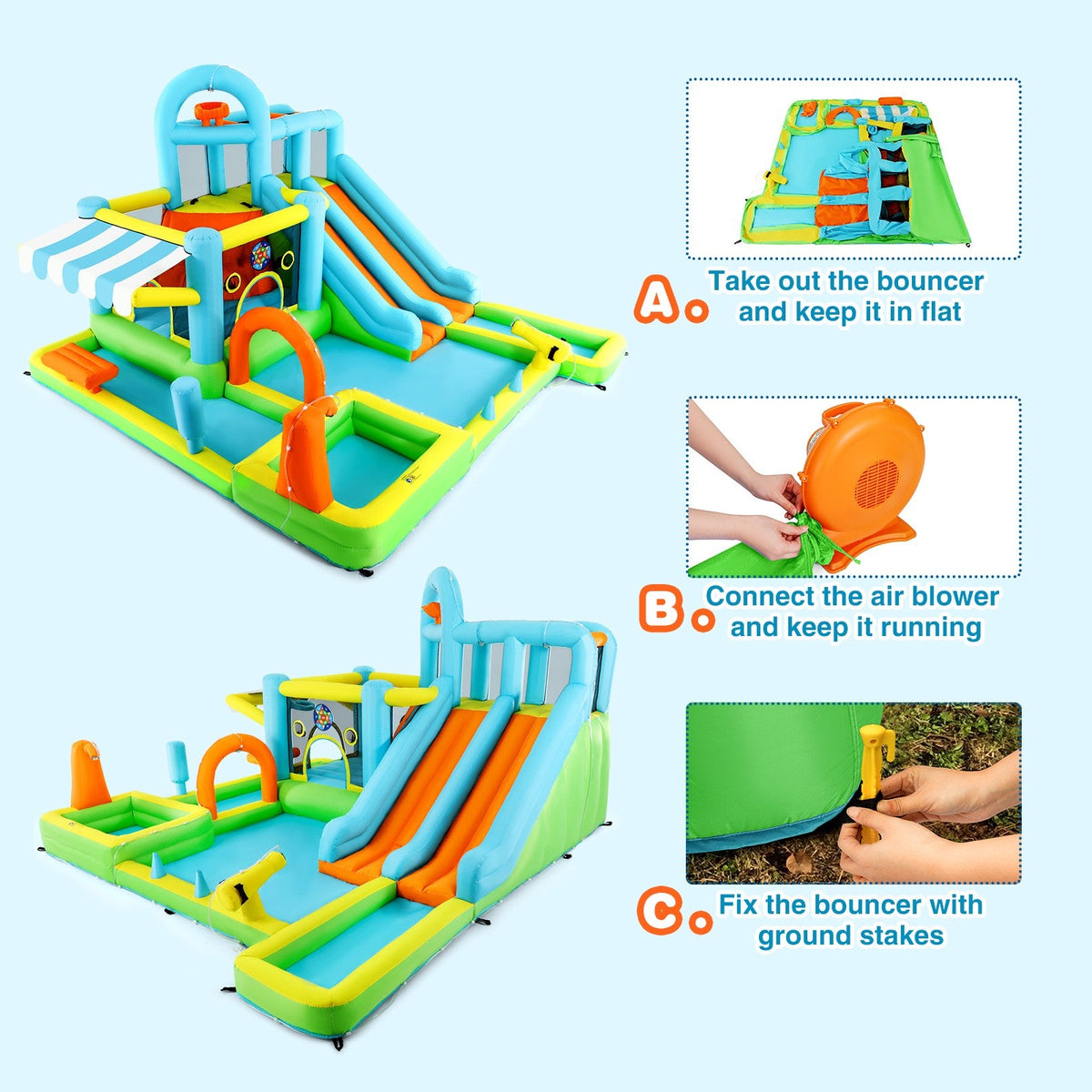 Inflatable Water Slide Bounce House for Kids, Luxury Heavy Duty Blow Up Water Park with Double Slides, Climbing Wall, Splash Pool and Sunshade Awning 735W Blower Included