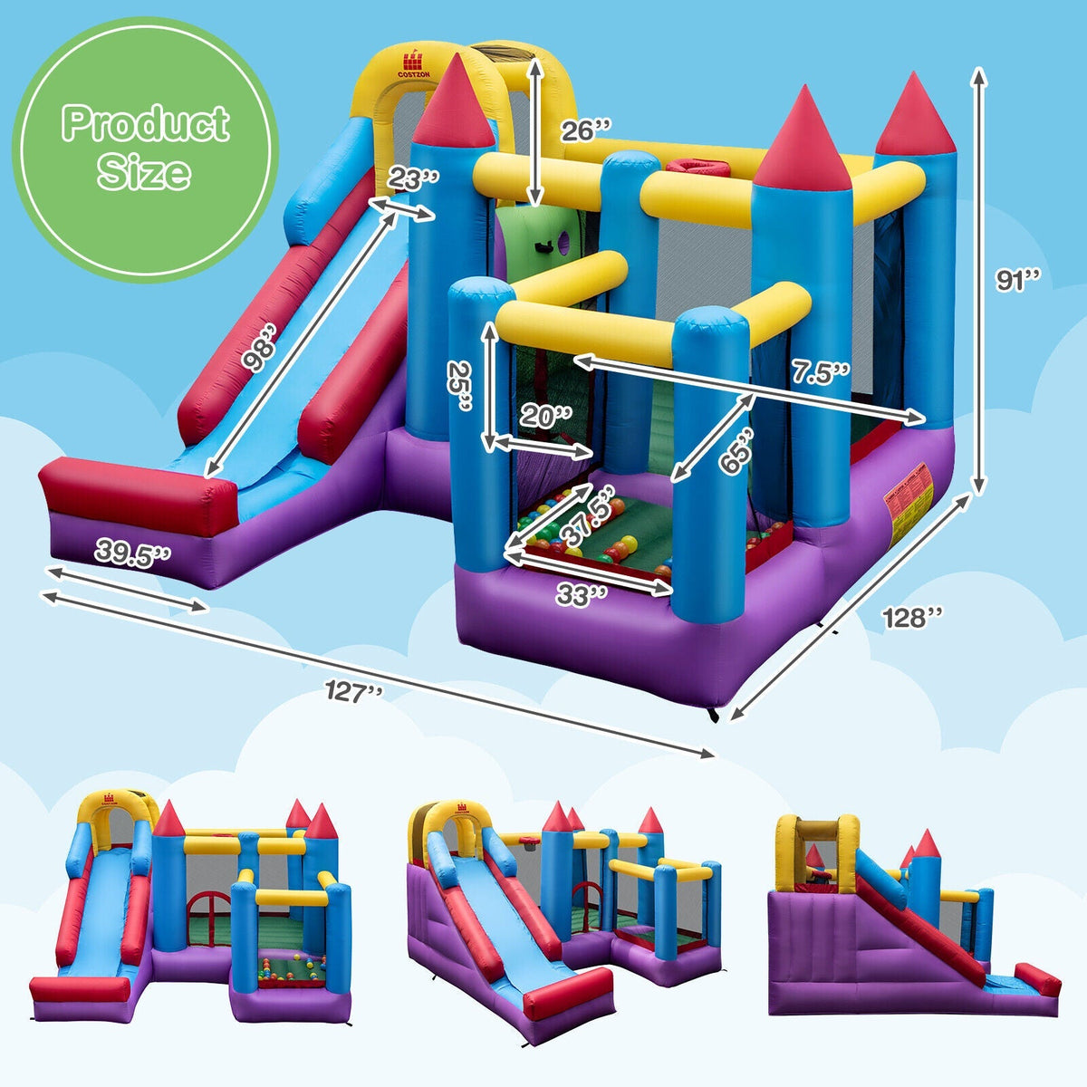 5-in-1 Inflatable Bounce House with 735W Blower and 50 Ocean Balls Free