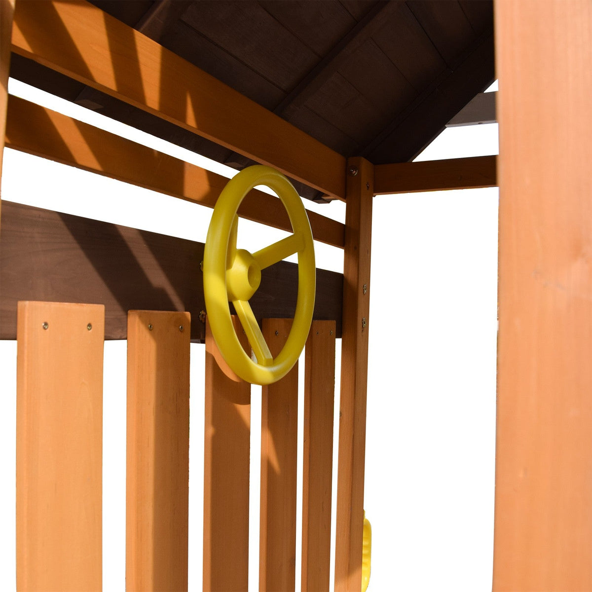 Cedar Wood Swing Set with Wave Slide, Play Kitchen, Rock Wall Ladder, Belt Swings, Toy Telescope, Steering Wheel, Tic-Tac-Toe, Balconies, Outdoor Playhouse Playground Set for Backyard Garden 735W Blower Included