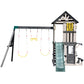 Cedar Wood Swing Set with Wave Slide, Play Kitchen, Rock Wall Ladder, Belt Swings, Toy Telescope, Steering Wheel, Tic-Tac-Toe, Balconies, Outdoor Playhouse Playground Set for Backyard Garden 735W Blower Included