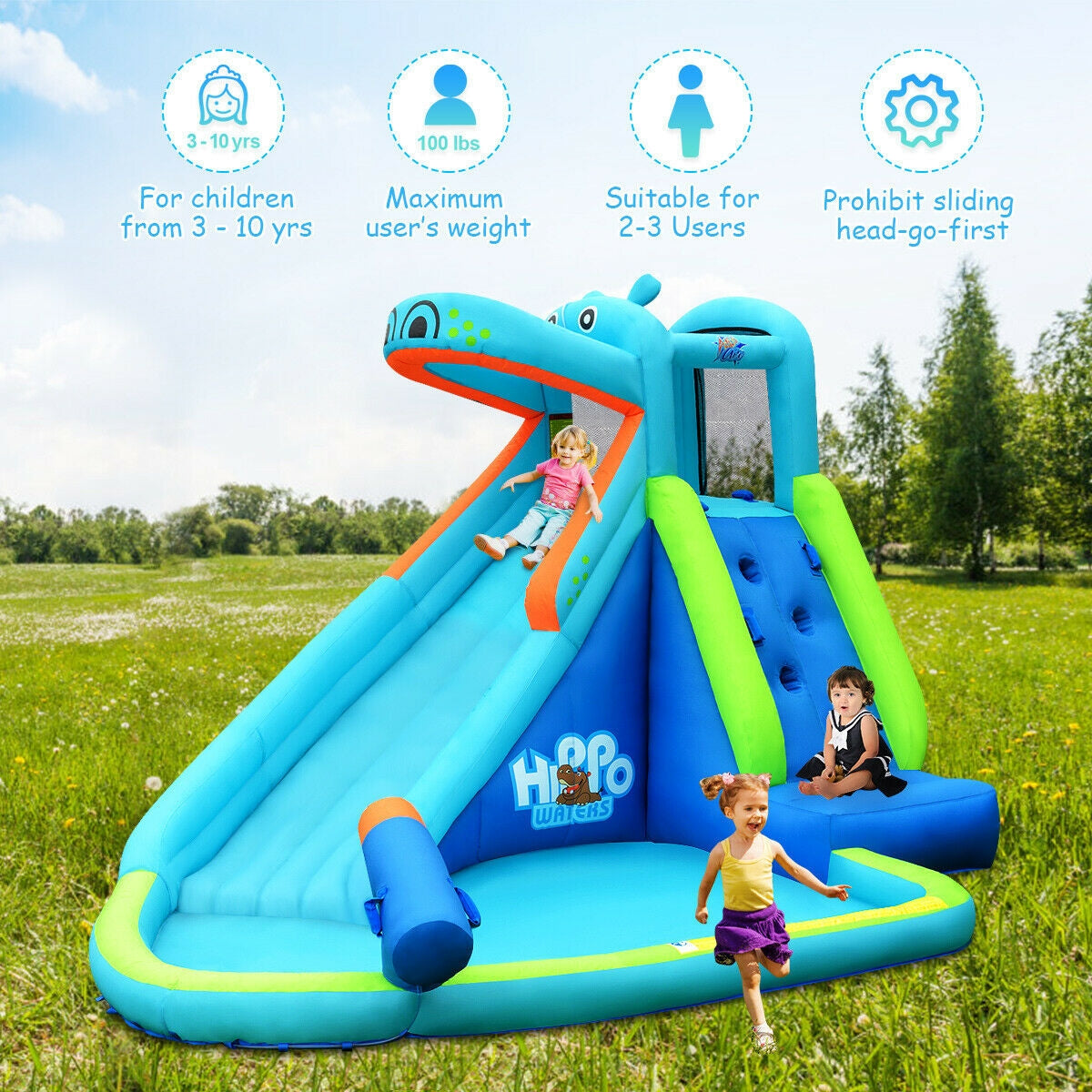 Hippo Inflatable Water Slide Bounce House with 740W Blower Free