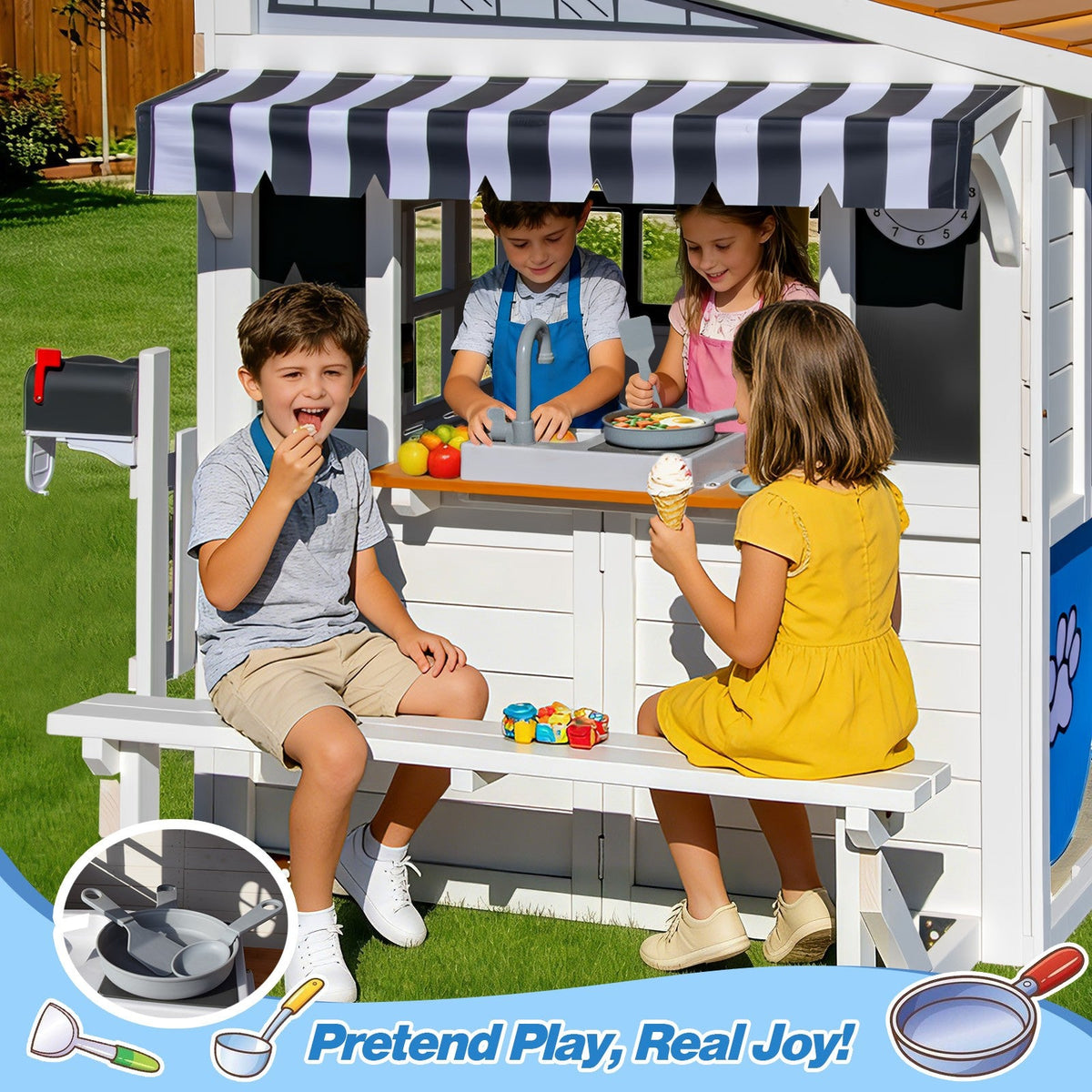Kids Outdoor Playhouse, Large Cedar Wooden Playhouse with Play Kitchen, Tic-Tac-Toe, Chalkboard, Doorbell, Dutch Door & Pet Door for Backyard & Garden Play