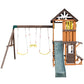 Cedar Wood Swing Set with Wave Slide, Play Kitchen, Rock Wall Ladder, Belt Swings, Toy Telescope, Steering Wheel, Tic-Tac-Toe, Balconies, Outdoor Playhouse Playground Set for Backyard Garden 735W Blower Included