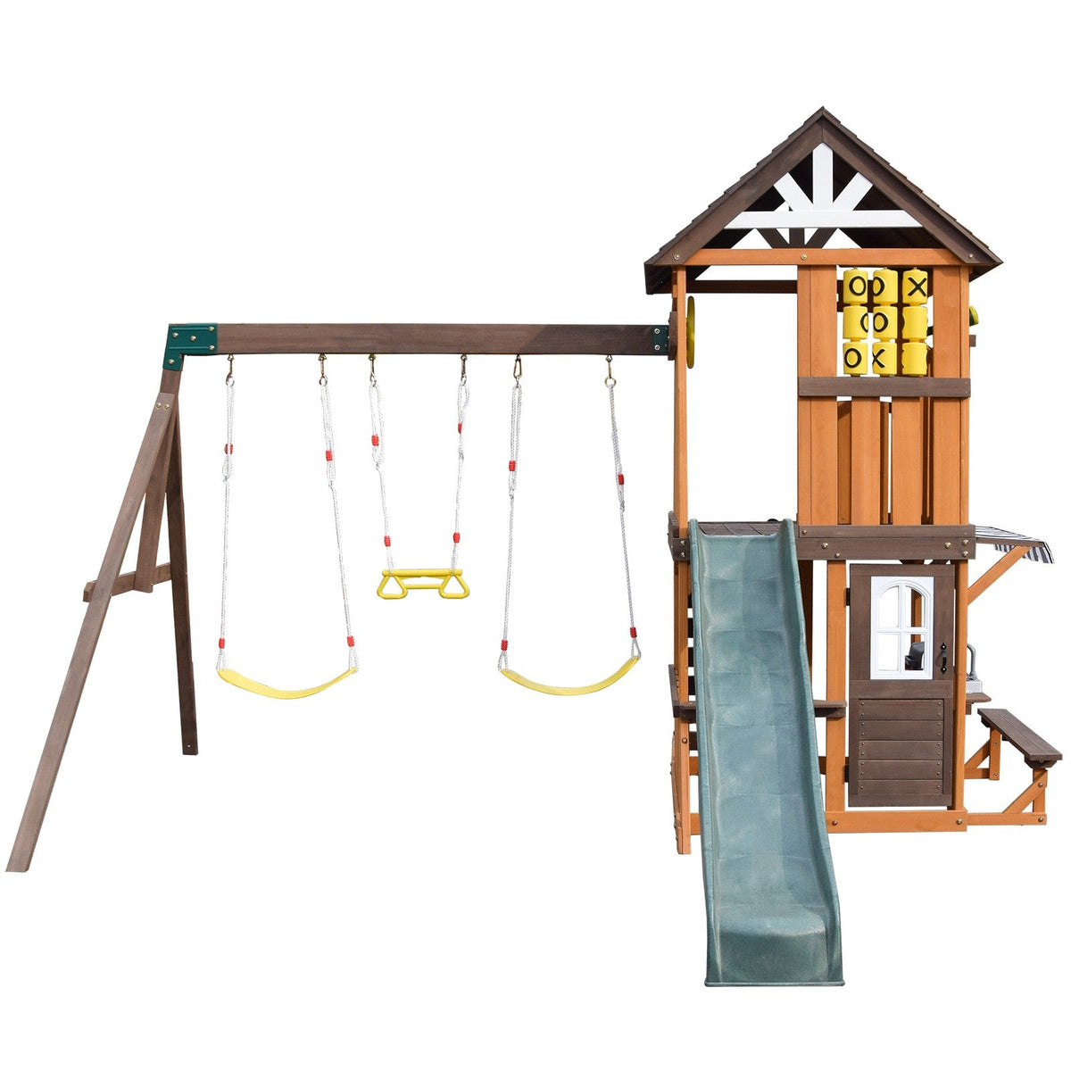 Cedar Wood Swing Set with Wave Slide, Play Kitchen, Rock Wall Ladder, Belt Swings, Toy Telescope, Steering Wheel, Tic-Tac-Toe, Balconies, Outdoor Playhouse Playground Set for Backyard Garden 735W Blower Included