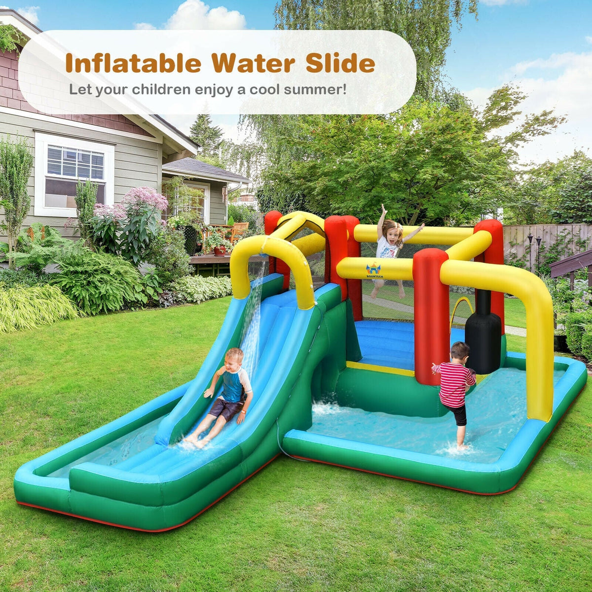 Inflatable Water Slide Climbing Bounce House with Tunnel and 735W Blower Free