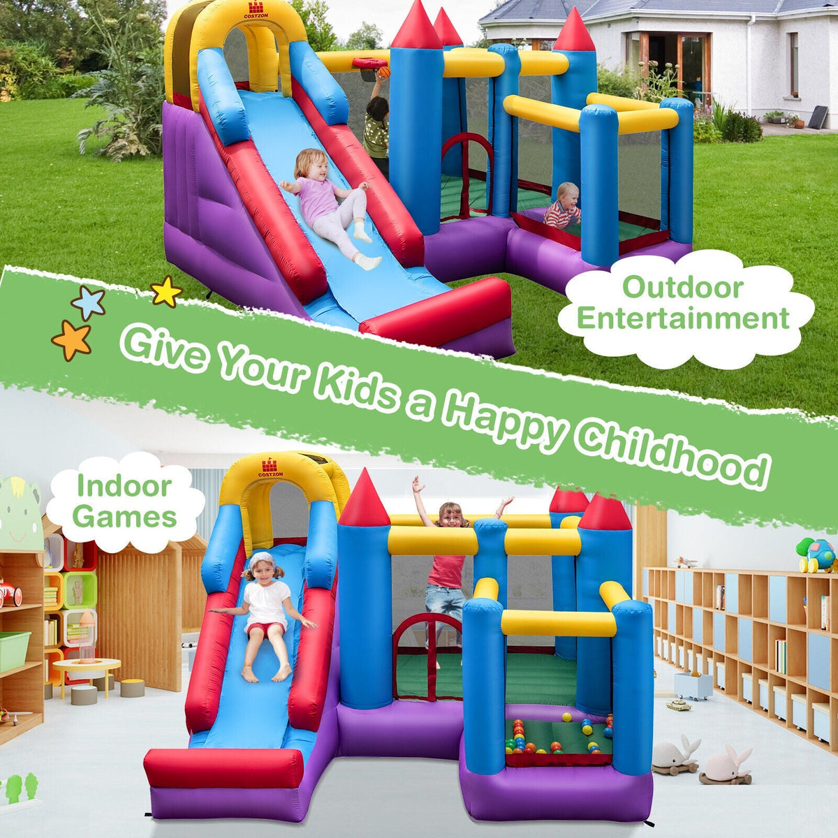 5-in-1 Inflatable Bounce House with 735W Blower and 50 Ocean Balls Free