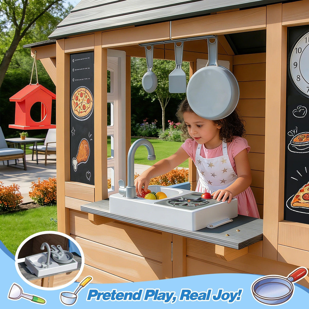 Kids Outdoor Playhouse, Wooden Outside Playhouse, Kids Playhouse for Backyard Garden with Play Kitchen, Chalkboard, Windows, Flower Pot, Birdcage, Bench & Pet Door