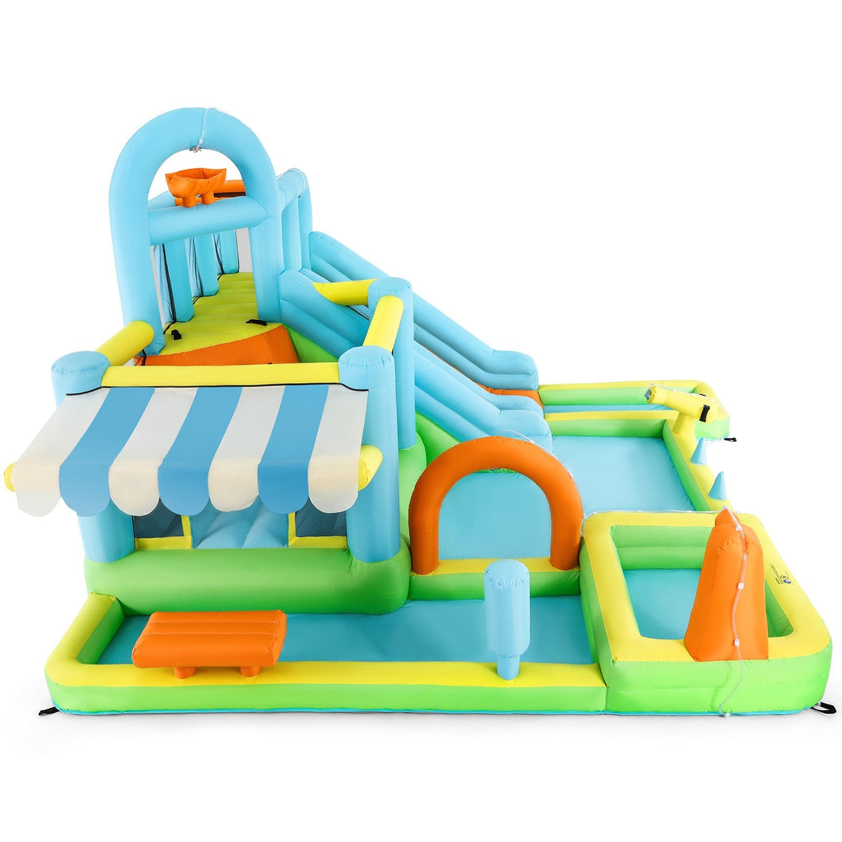 Inflatable Water Slide Bounce House for Kids, Luxury Heavy Duty Blow Up Water Park with Double Slides, Climbing Wall, Splash Pool and Sunshade Awning 735W Blower Included