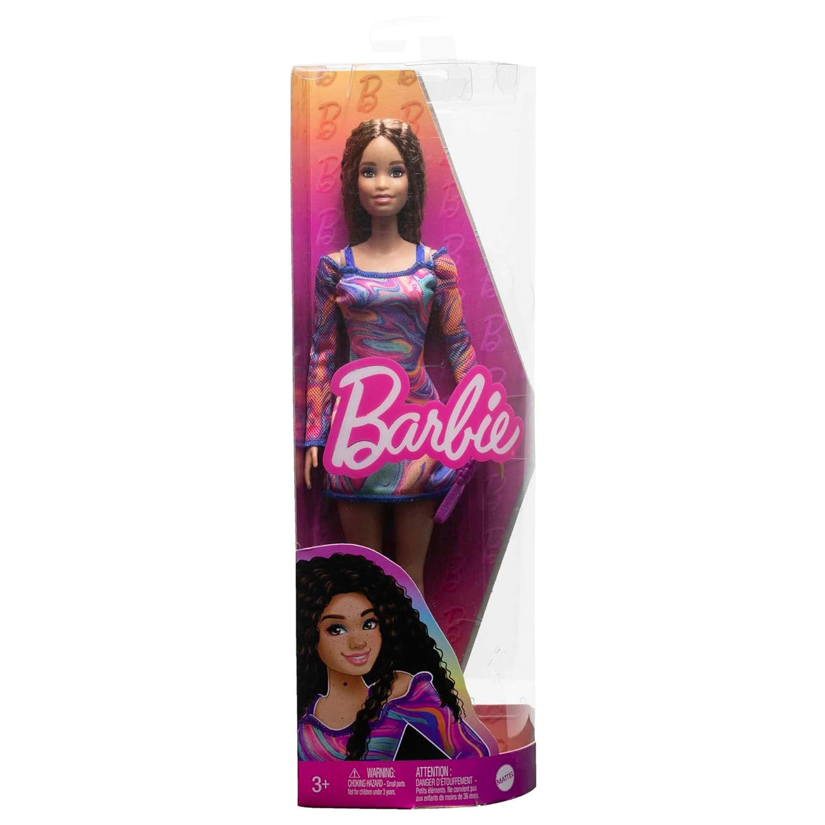 Barbie Fashionistas Doll #206 with Crimped Hair and Freckles, Wearing Rainbow Marble-Print Dress with Green Mules and Purse for Ages 3 Years & Up