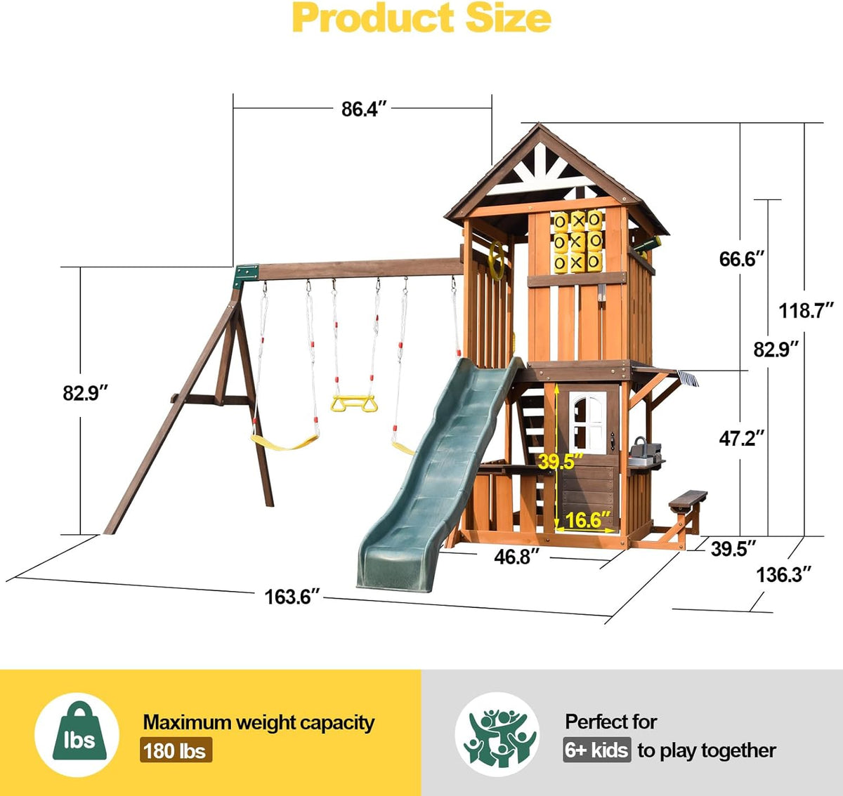 Cedar Wood Swing Set with Wave Slide, Play Kitchen, Rock Wall Ladder, Belt Swings, Toy Telescope, Steering Wheel, Tic-Tac-Toe, Balconies, Outdoor Playhouse Playground Set for Backyard Garden 735W Blower Included