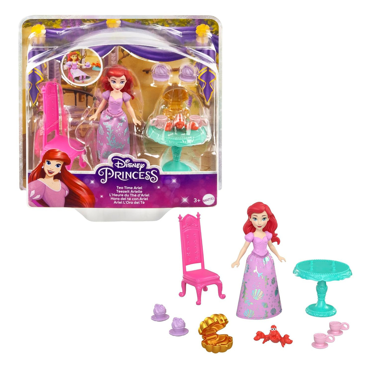 Disney Princess Ariel Small Doll with Sebastian Figure, Furniture and Tea Party Pieces Inspired by The Little Mermaid Movie