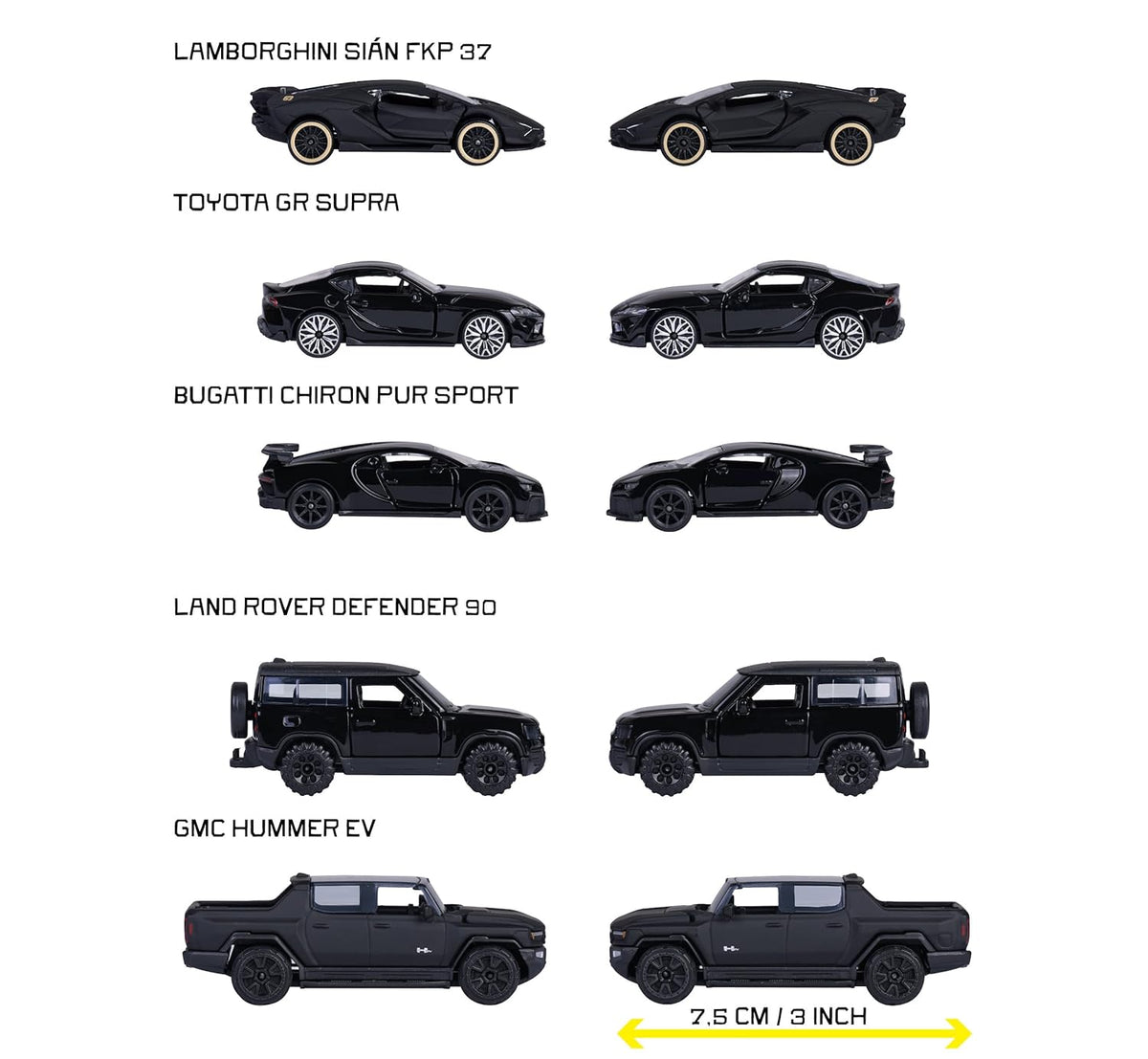 Majorette Black Edition 2.0 5 Pack Set - Metal Toy Car with Freewheel, Suspension & Opening Parts for Kids & Collectors