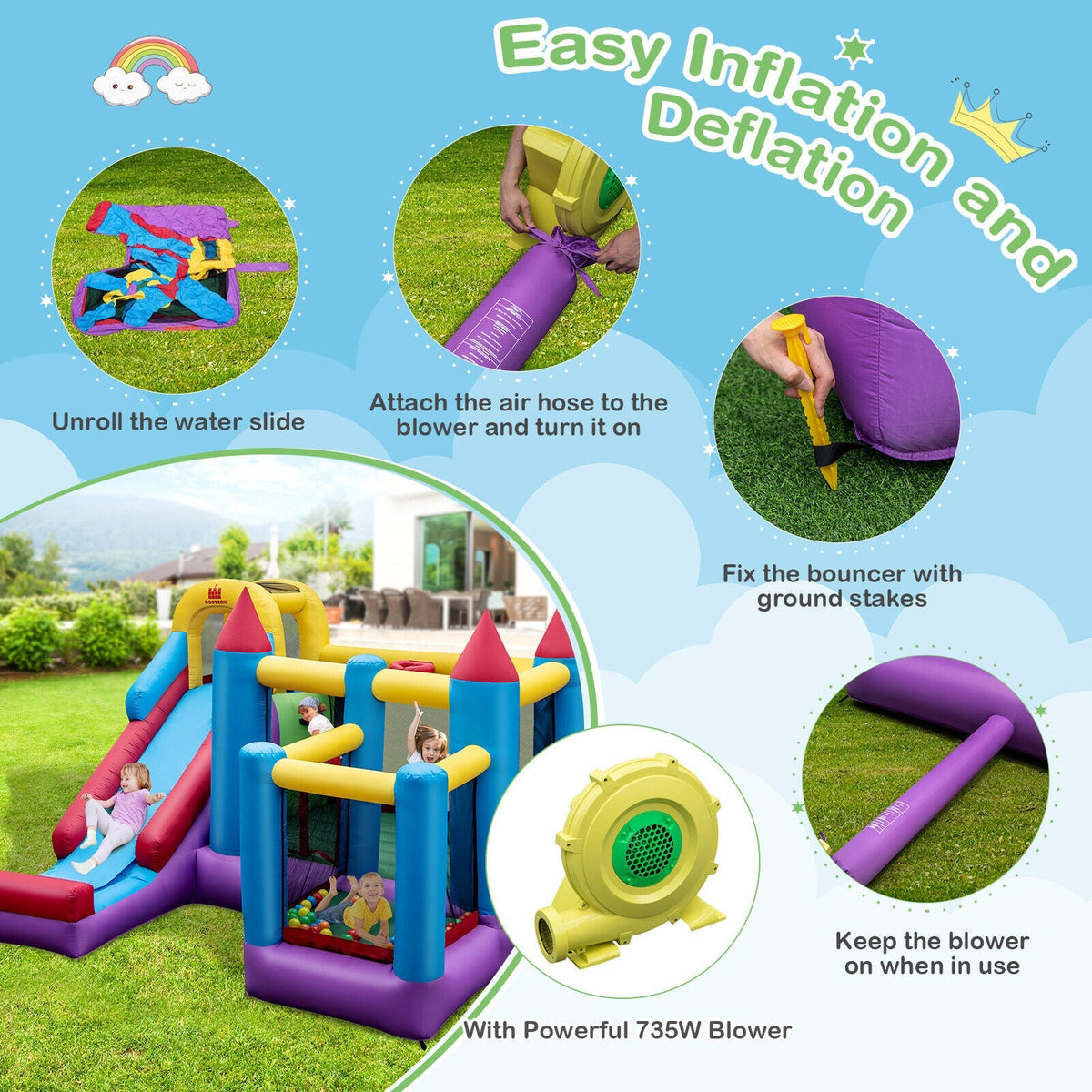 5-in-1 Inflatable Bounce House with 735W Blower and 50 Ocean Balls Free