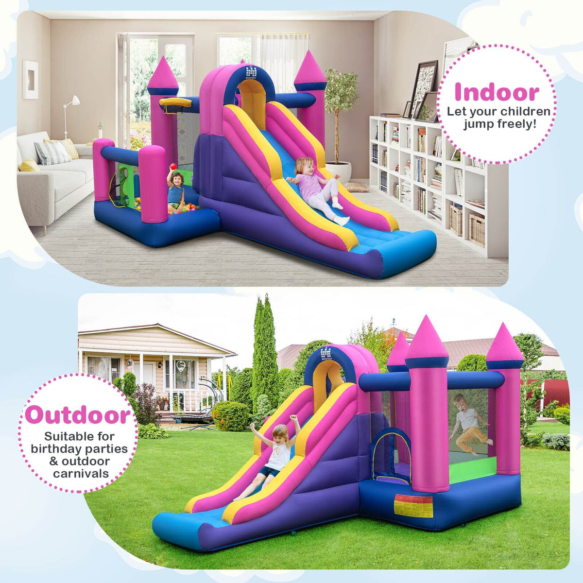 7-in-1 Kids Inflatable Bounce House with Long Slide and 735W Blower Free