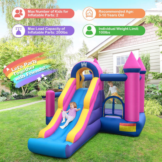 7-in-1 Kids Inflatable Bounce House with Long Slide and 735W Blower Free