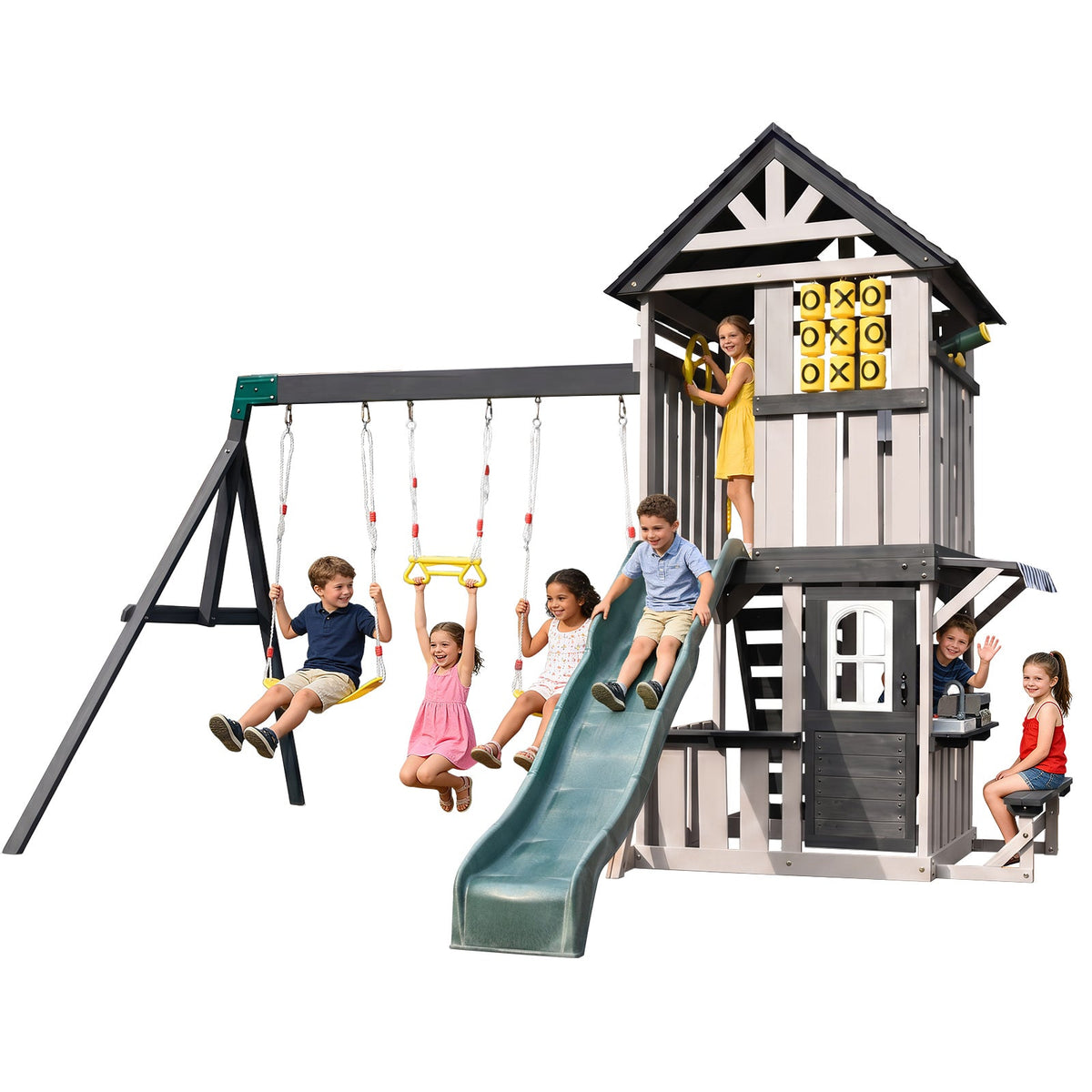 Cedar Wood Swing Set with Wave Slide, Play Kitchen, Rock Wall Ladder, Belt Swings, Toy Telescope, Steering Wheel, Tic-Tac-Toe, Balconies, Outdoor Playhouse Playground Set for Backyard Garden 735W Blower Included