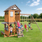 Cedar Wood Swing Set with Wave Slide, Play Kitchen, Rock Wall Ladder, Belt Swings, Toy Telescope, Steering Wheel, Tic-Tac-Toe, Balconies, Outdoor Playhouse Playground Set for Backyard Garden 735W Blower Included