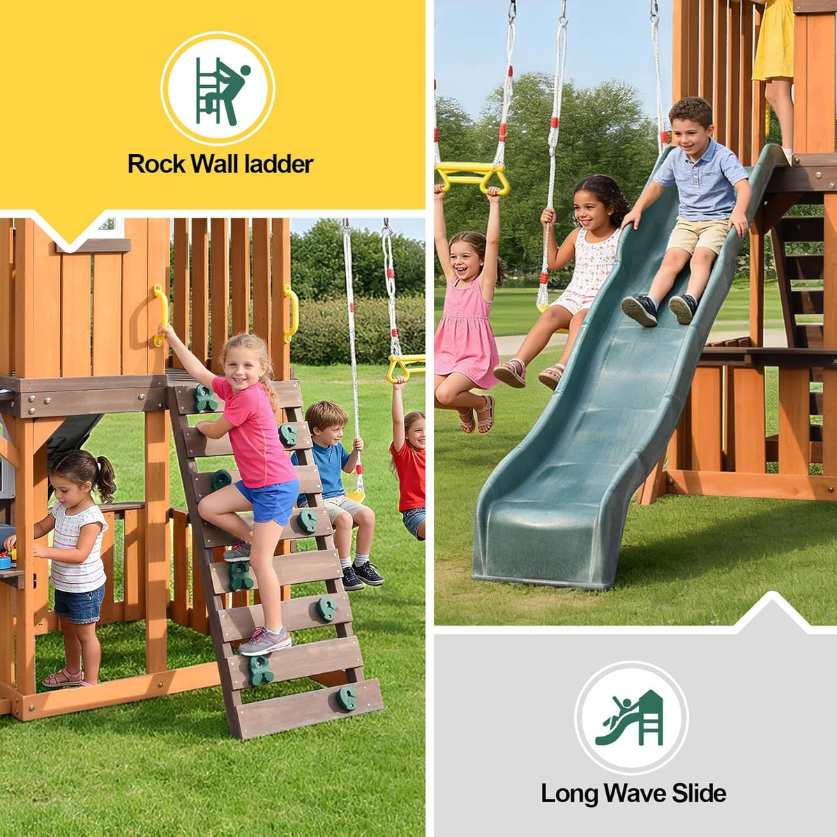 Cedar Wood Swing Set with Wave Slide, Play Kitchen, Rock Wall Ladder, Belt Swings, Toy Telescope, Steering Wheel, Tic-Tac-Toe, Balconies, Outdoor Playhouse Playground Set for Backyard Garden 735W Blower Included