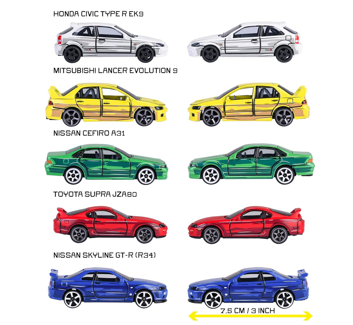 Majorette JDM Legends Anime 5 Pack Set - Metal Toy Car with Freewheel, Suspension & Opening Parts for Kids & Collectors