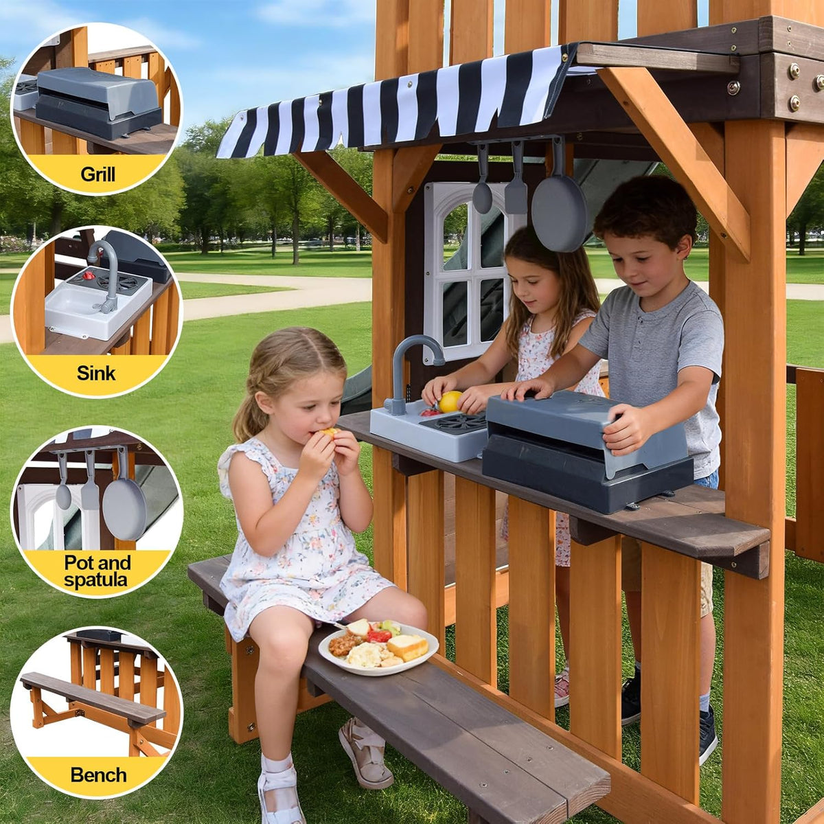 Cedar Wood Swing Set with Wave Slide, Play Kitchen, Rock Wall Ladder, Belt Swings, Toy Telescope, Steering Wheel, Tic-Tac-Toe, Balconies, Outdoor Playhouse Playground Set for Backyard Garden 735W Blower Included