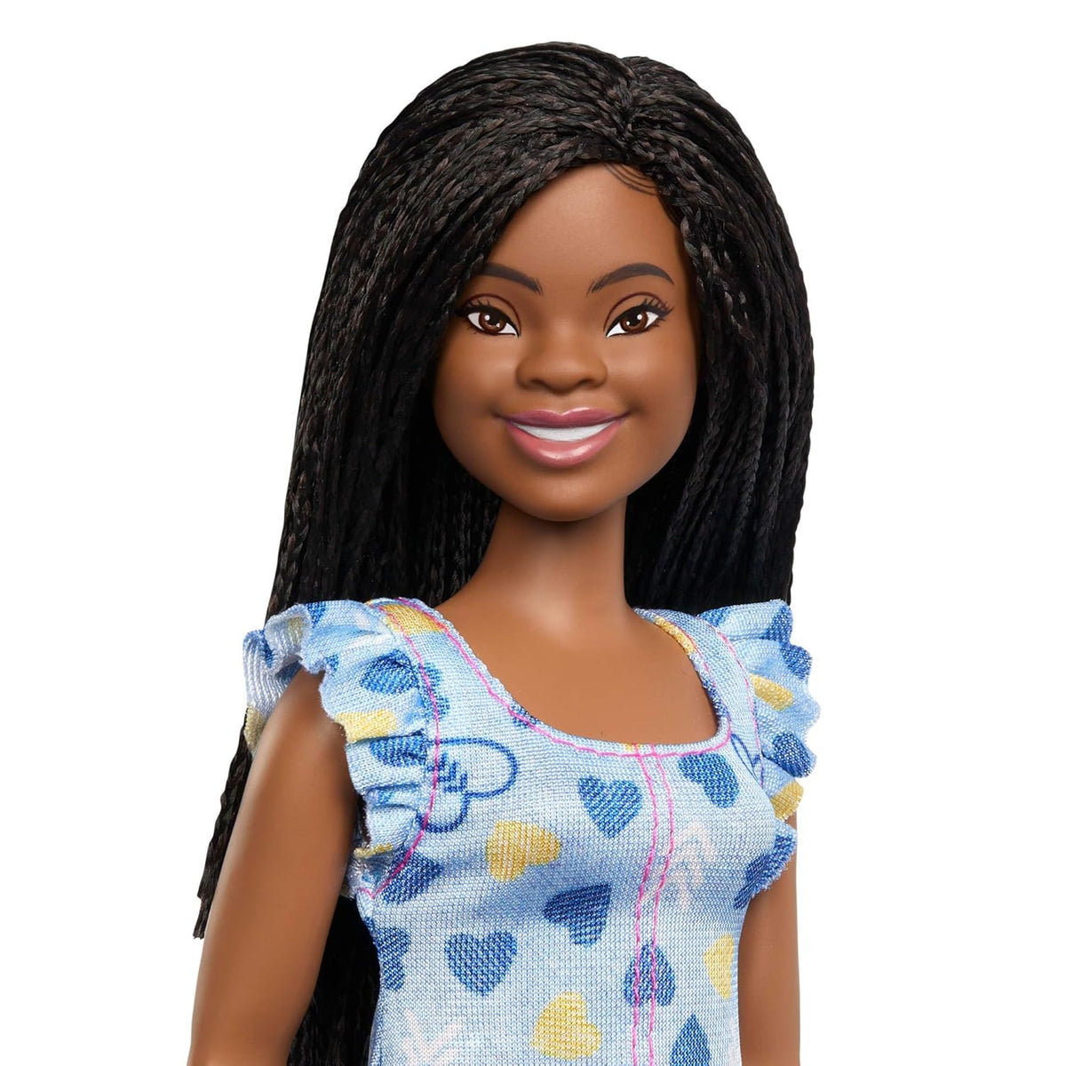 Barbie Fashionistas Doll #229 with Curly Hair Down Syndrome, Wearing Heart-Print Dress for Ages 3 Years & Up