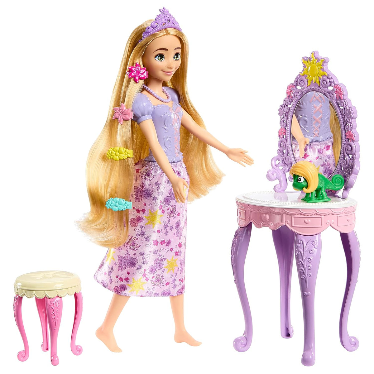 Disney Princess Rapunzel Doll with Vanity, Pascal and 10 Accessories, Inspired by the Disney Movie for Kids Ages 3 Years & Up