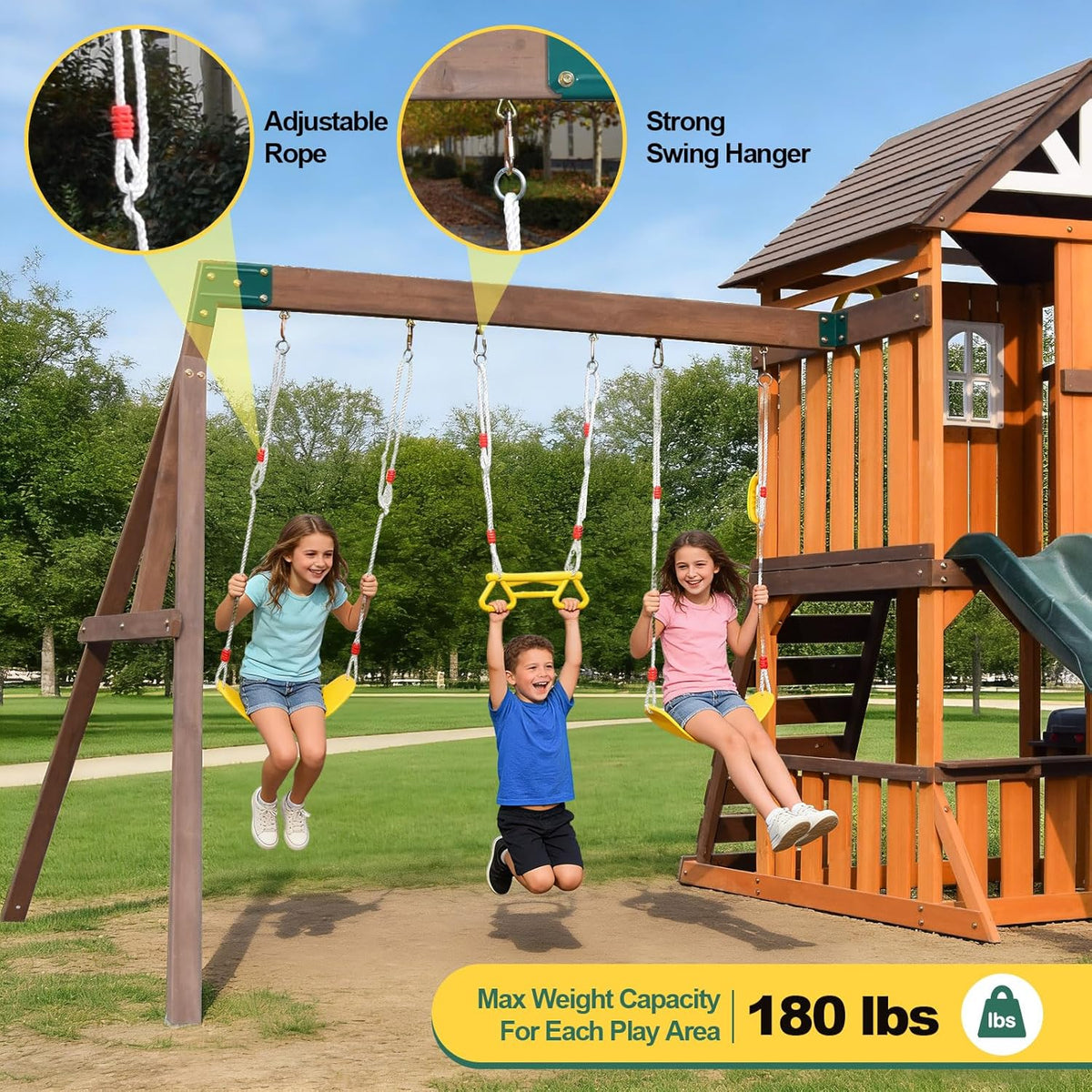 Cedar Wood Swing Set with Wave Slide, Play Kitchen, Rock Wall Ladder, Belt Swings, Toy Telescope, Steering Wheel, Tic-Tac-Toe, Balconies, Outdoor Playhouse Playground Set for Backyard Garden 735W Blower Included
